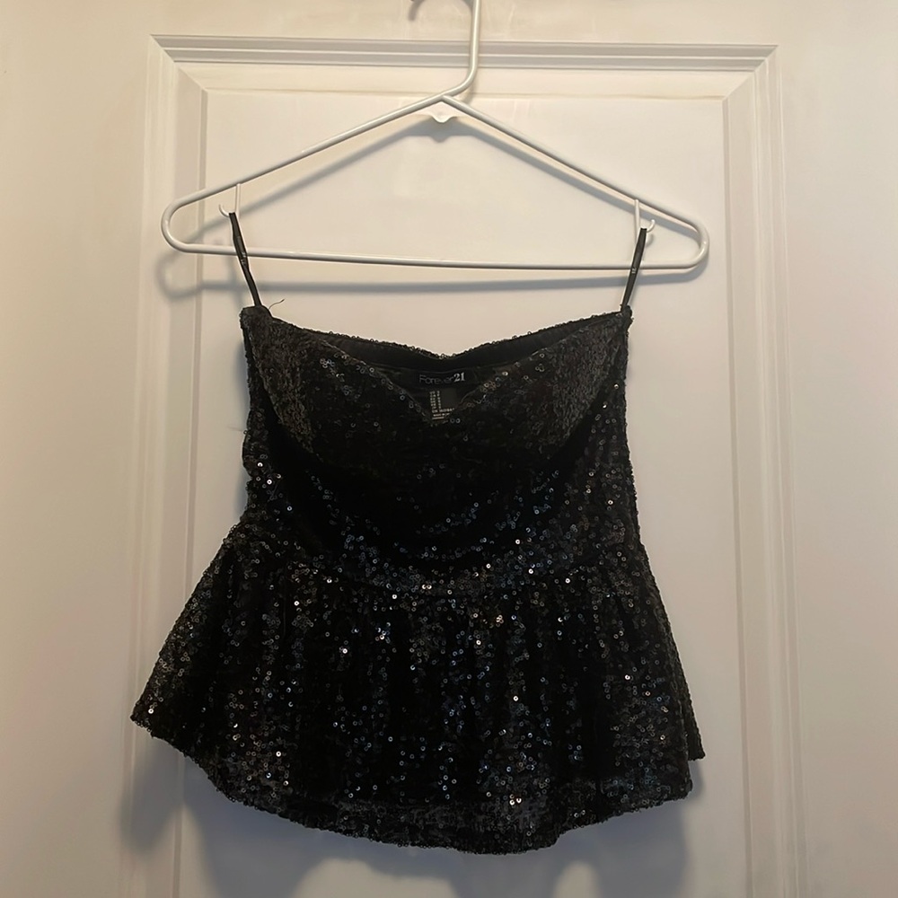Sequined Peplum Strapless Top